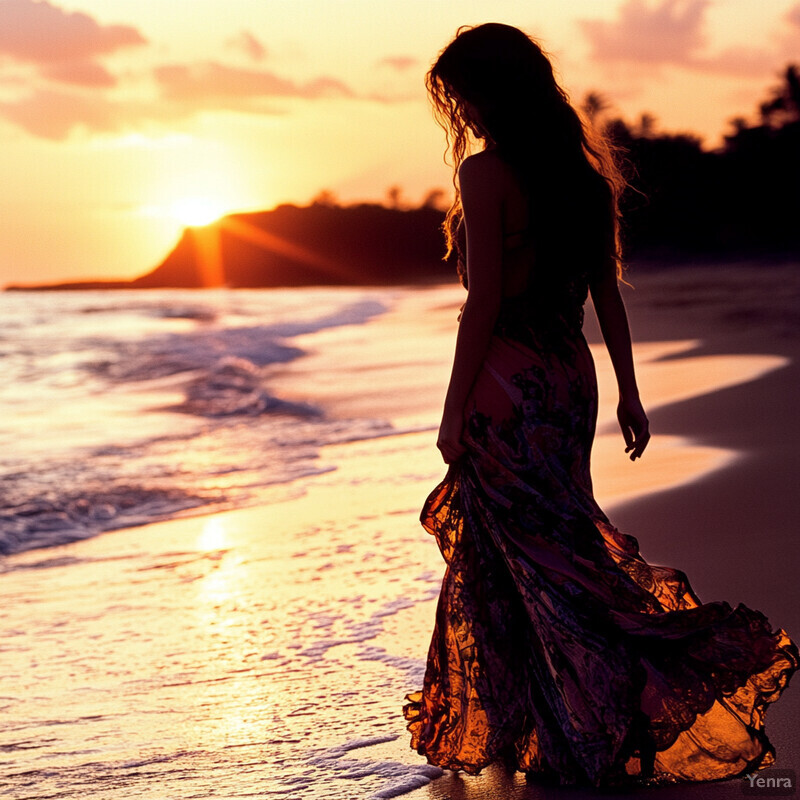 A woman stands on the beach at sunset, facing away from the camera and towards the ocean.