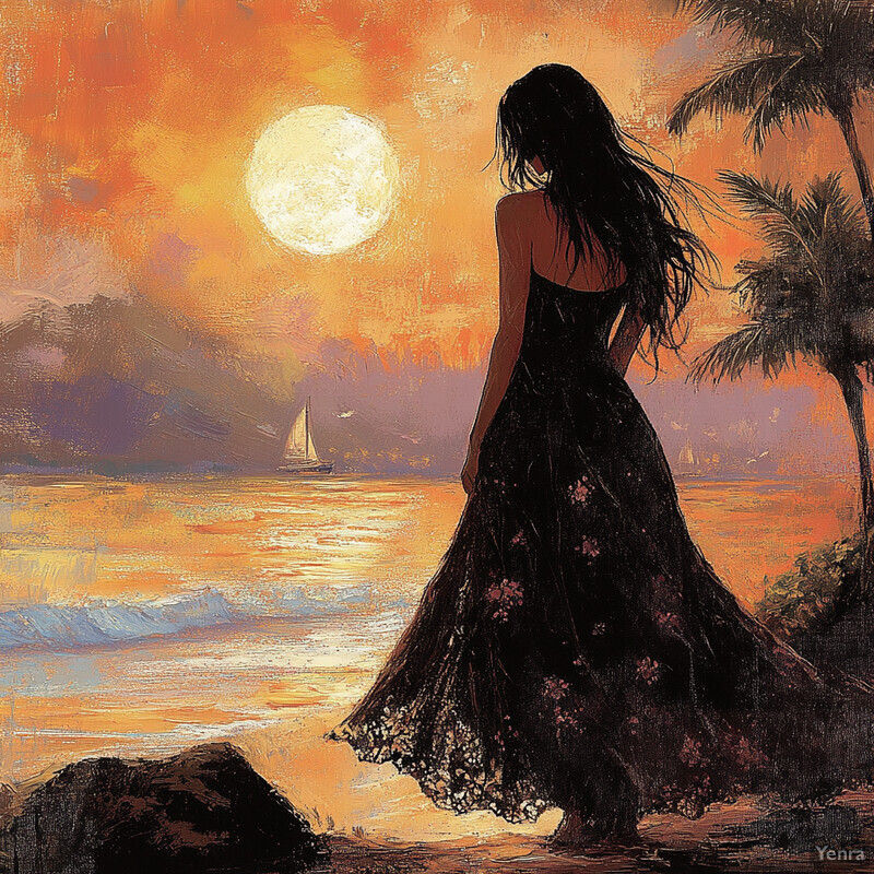 A woman stands on a beach, gazing out at the sunset.