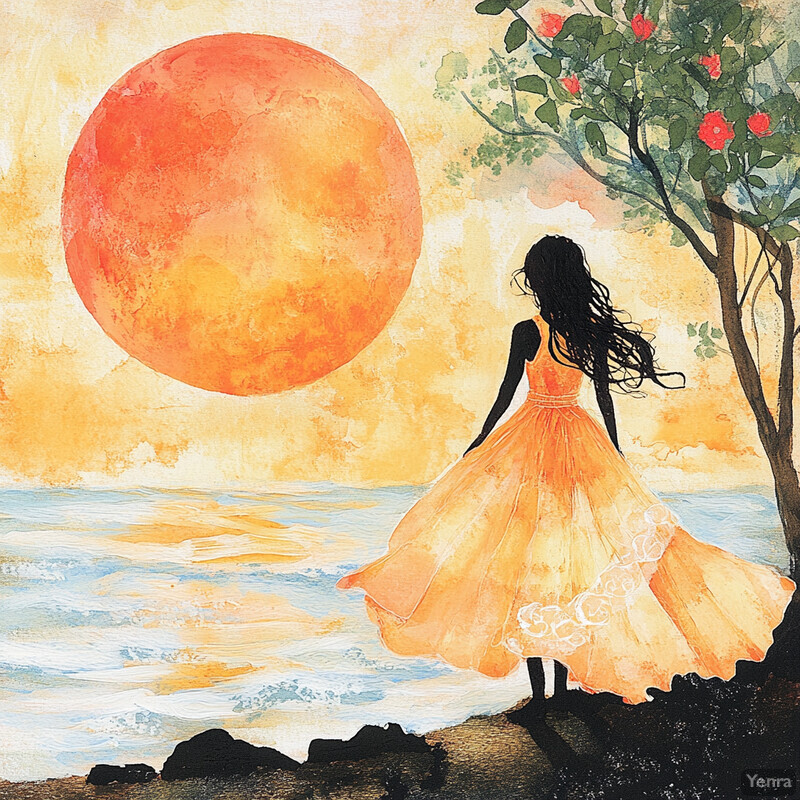 A woman stands on a rocky outcropping, gazing at a sunset over the ocean.