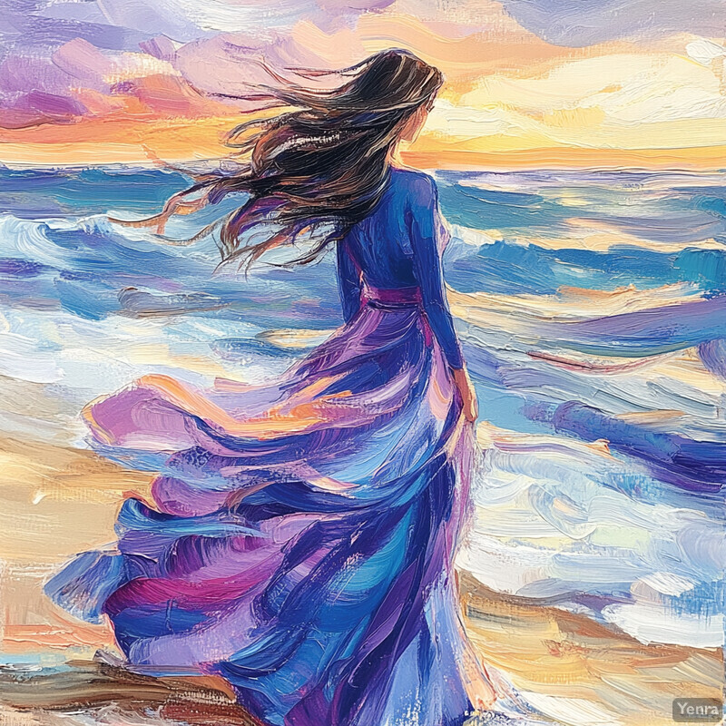 A woman stands on a beach at sunset or sunrise, gazing out at the ocean.