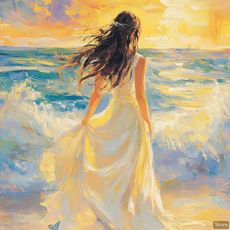 A serene beach scene featuring a woman in a white dress gazing out at the ocean during sunset.