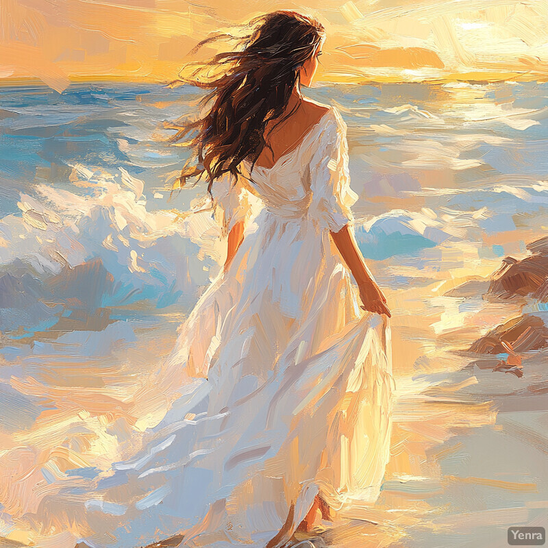 A woman walks along a beach at sunset, surrounded by a stunning sky and gentle waves.