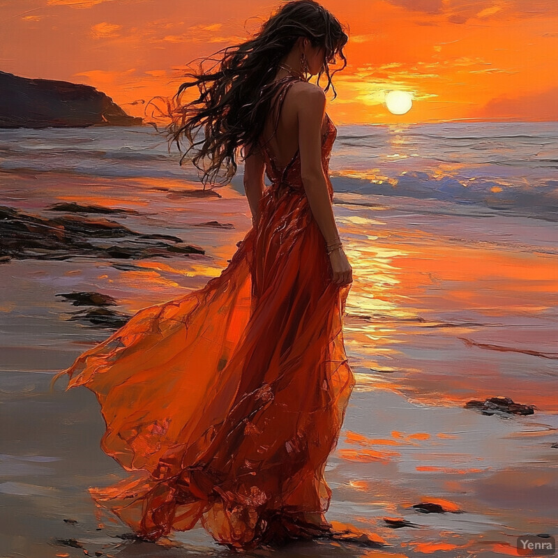 A woman stands on the beach at sunset, surrounded by a warm orange glow and gentle waves.