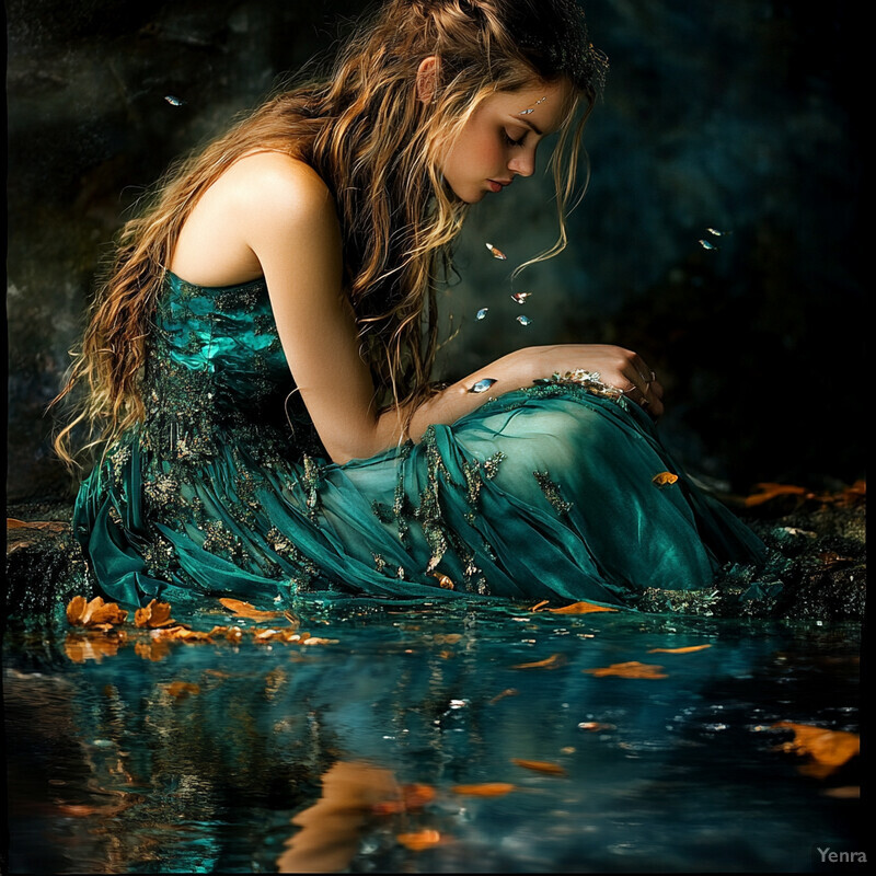 A serene and mystical scene of a woman sitting by a pool of water.