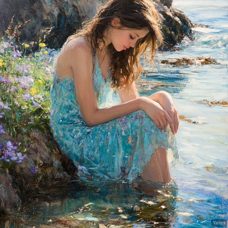 A young woman sits by the ocean, lost in thought.