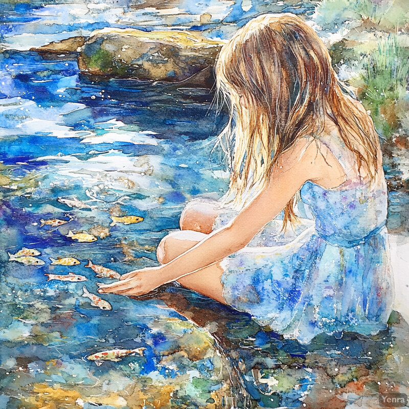 A young girl sits by the water's edge, surrounded by small fish swimming around her hands.