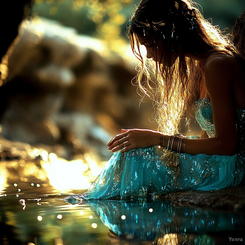 A serene outdoor setting captures a woman dressed in teal and gold sequins gazing at water's edge.