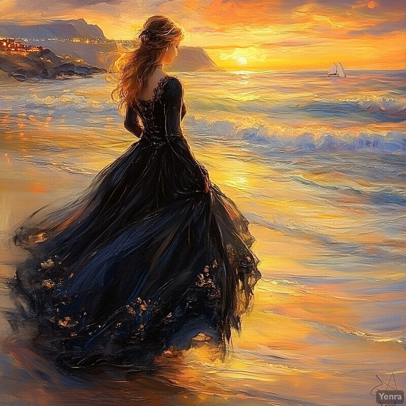 A woman stands on a beach at sunset, gazing out towards the horizon.