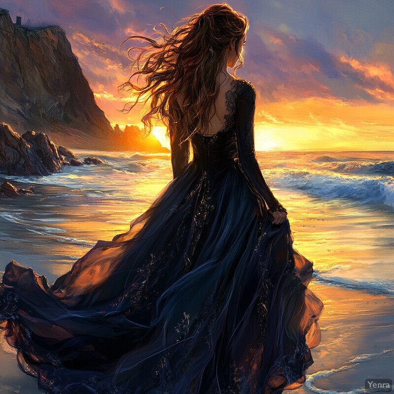 A woman in a black dress stands on a beach at sunset, surrounded by rocks and clouds.