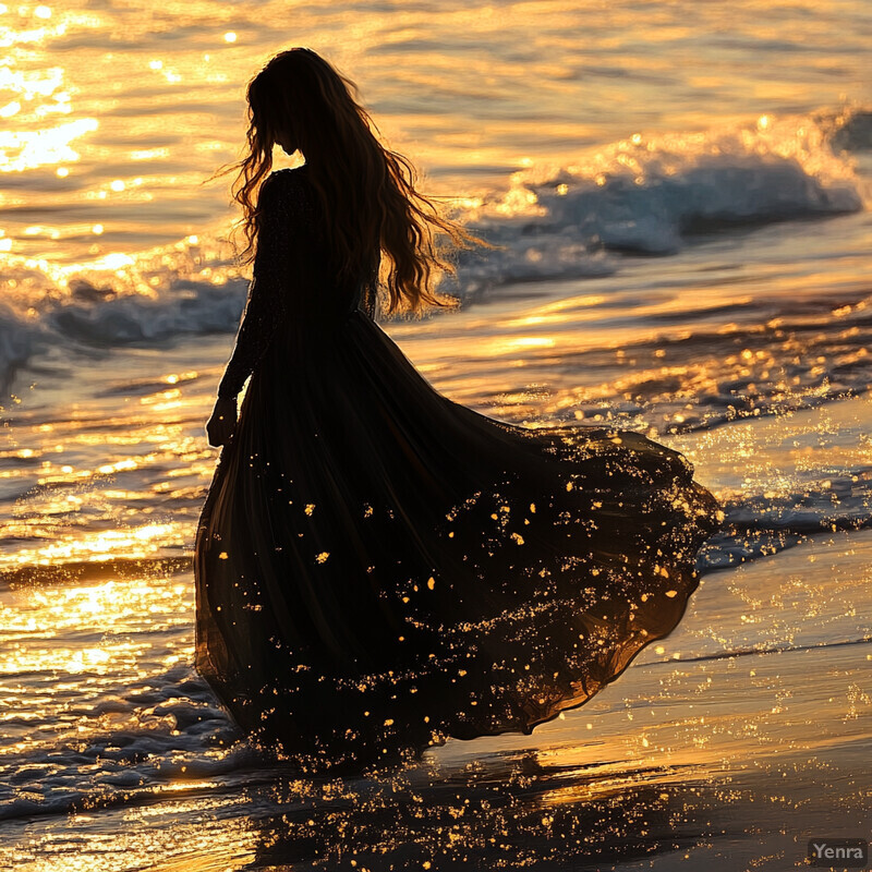 A woman stands on the beach at sunset, gazing out at the ocean.