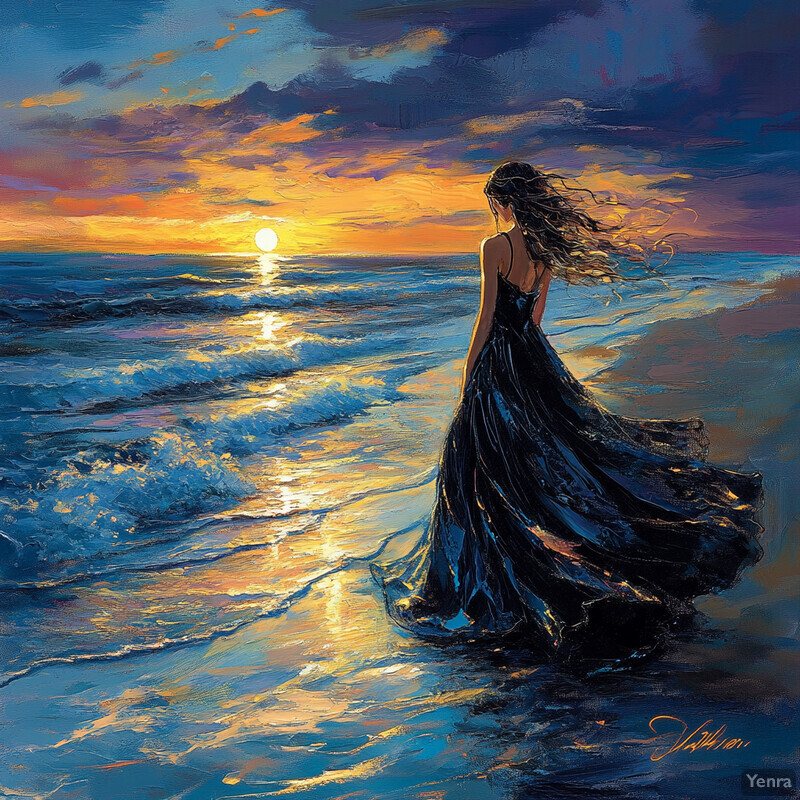 A serene beach scene at sunset with a woman standing on the shore in a flowing white gown