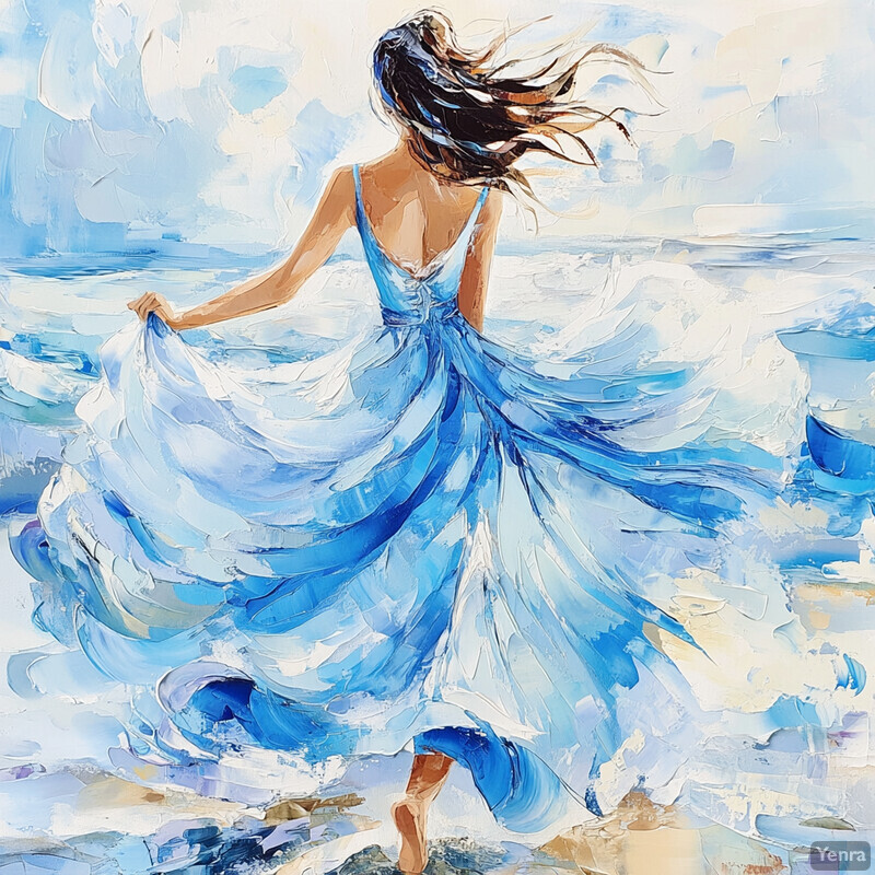 A woman in a flowing blue dress walks along the beach, her back to the viewer.