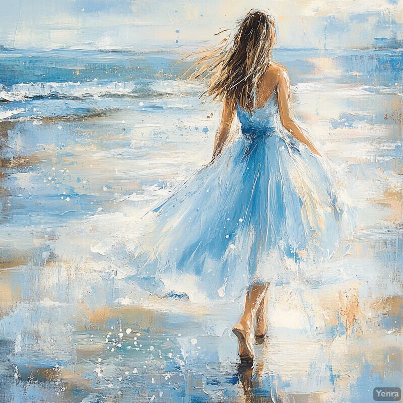 A serene painting of a woman walking on a beach in a light blue dress