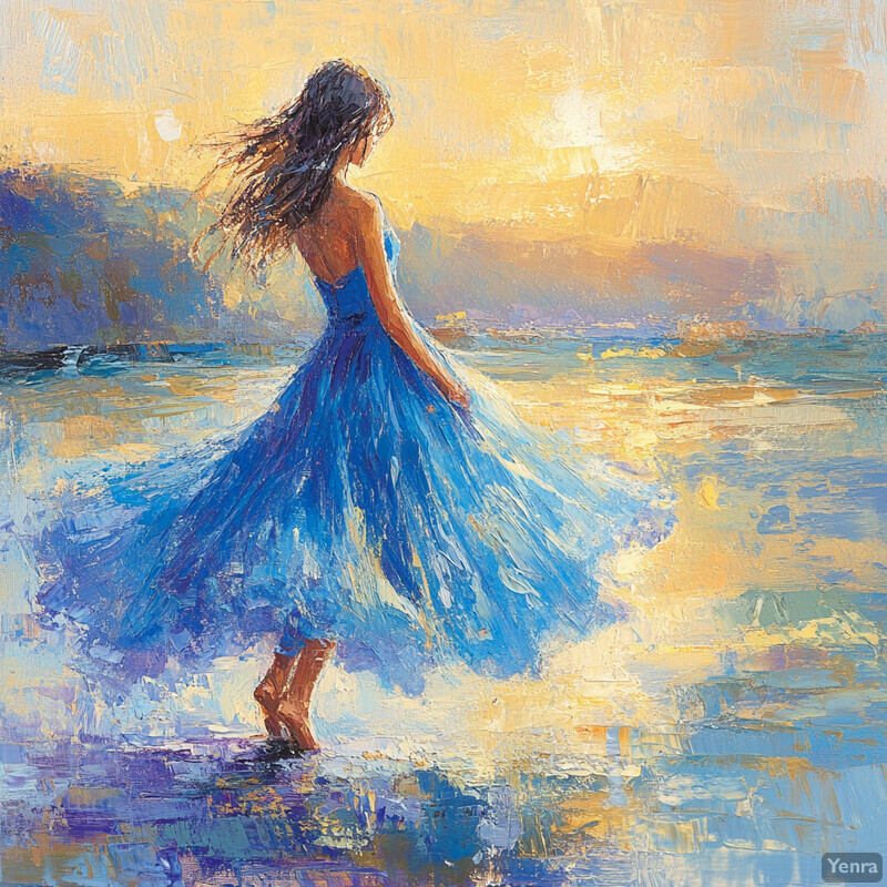 Woman in blue dress standing on beach at sunset