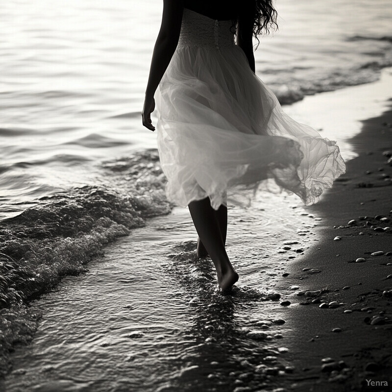 A woman walking along a beach in a flowing white dress