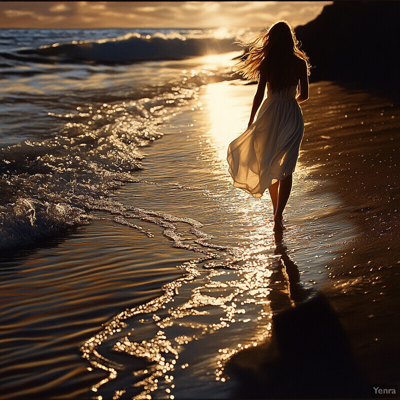 A woman walks along the beach at sunset, surrounded by calm waves and a peaceful atmosphere.