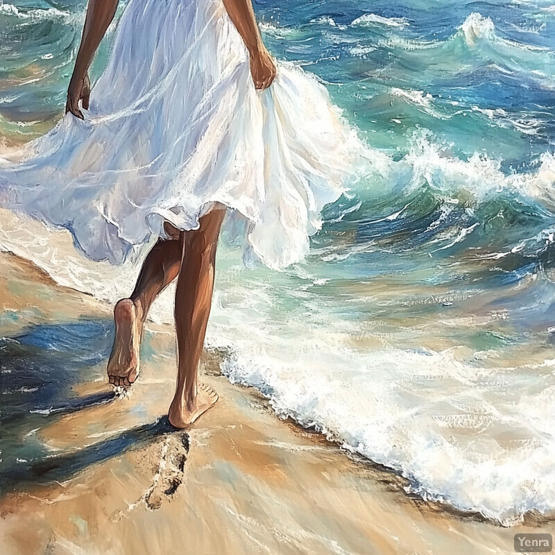 A woman walks along the beach, lost in thought, with waves crashing behind her.