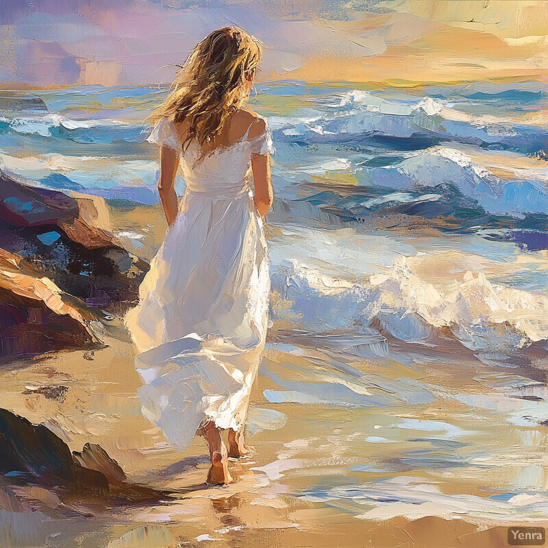 A serene and dreamy painting of a woman in a white dress standing on a beach, gazing out at the sea.