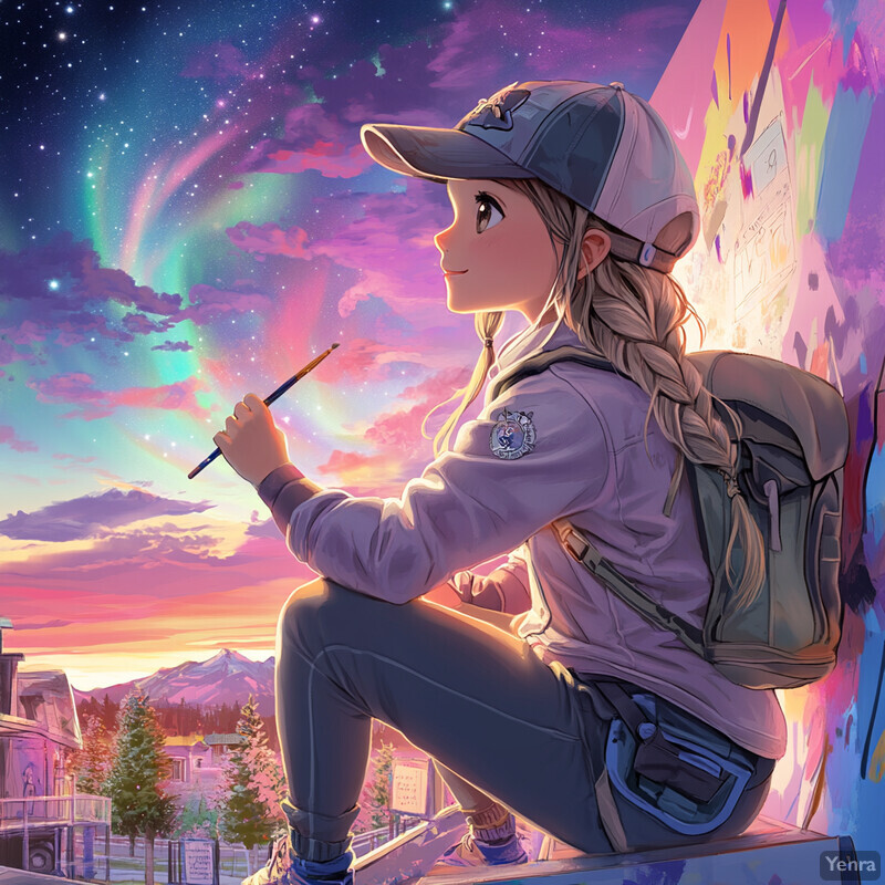 An anime-style girl paints the vibrant sky on a bench