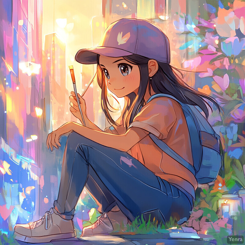 A young girl sitting on the ground, surrounded by flowers and greenery, holding a paintbrush and gazing directly at the viewer.