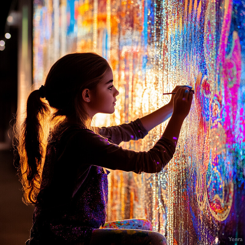 A young girl is deeply engaged in creating art, surrounded by a colorful and inspiring environment.