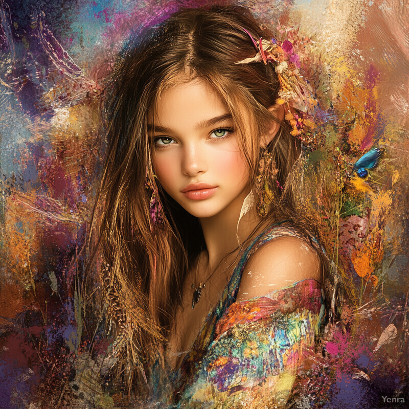 A young girl with long brown hair and an off-the-shoulder dress in shades of blue, green, yellow, orange, pink, red, purple, and white, surrounded by a vibrant background with splatters of paint and a blue butterfly near her shoulder.