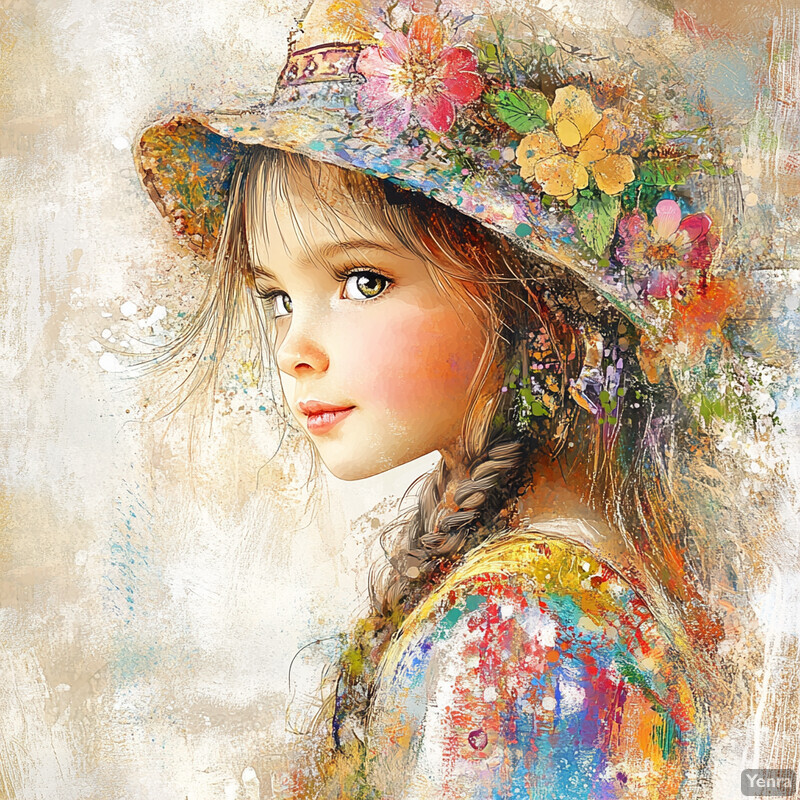 A young girl in a colorful hat and shirt poses for a portrait.