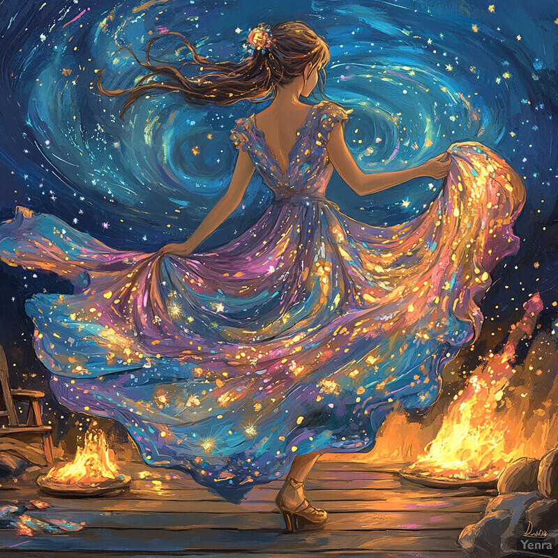 A woman dancing by a campfire under a starry night sky