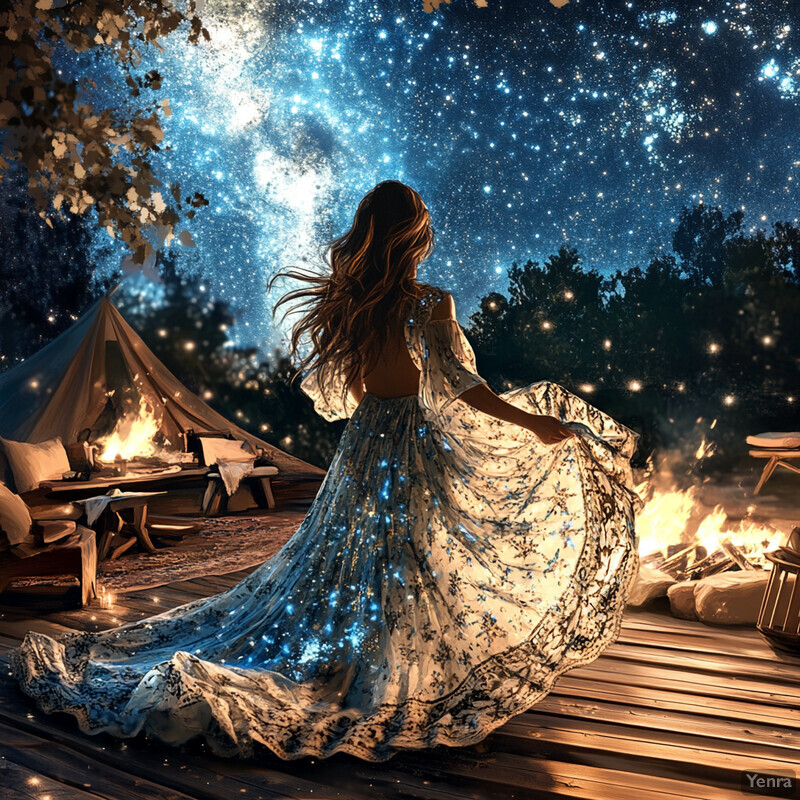 A woman in a flowing white dress stands on a wooden deck, gazing at the starry night sky.