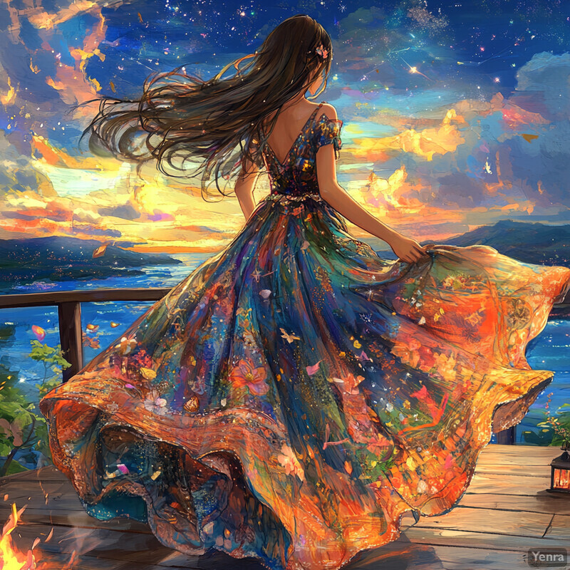 A woman stands on a wooden deck overlooking a body of water, dressed in a vibrant floral patterned dress.