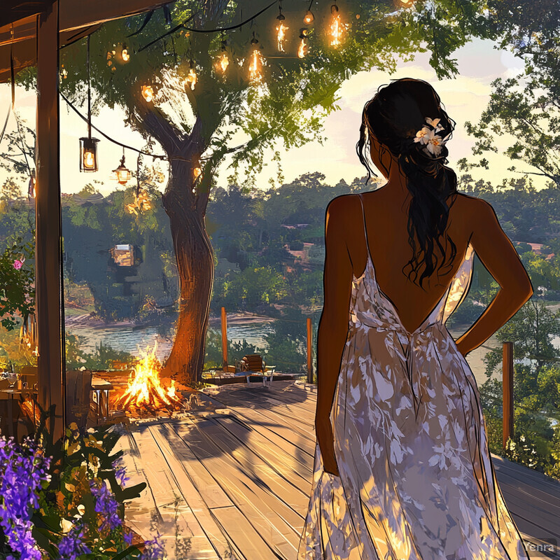 A serene and idyllic scene of a woman standing on a deck overlooking a tranquil body of water.