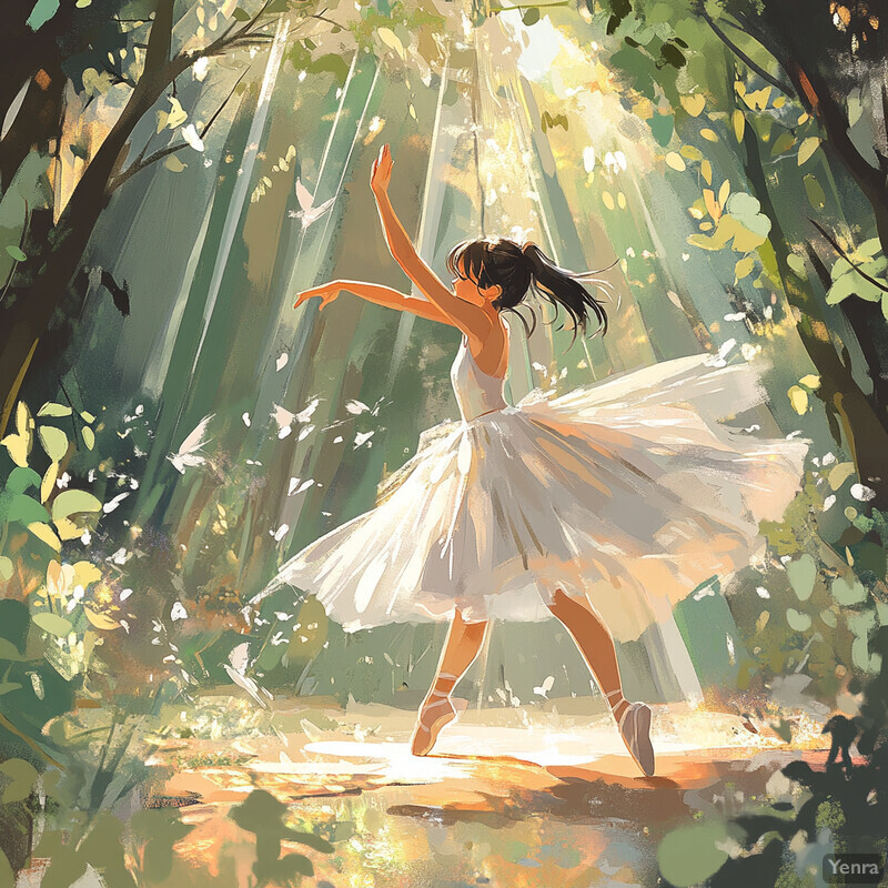 A young girl dances in a forest clearing, surrounded by lush greenery and vibrant flowers.