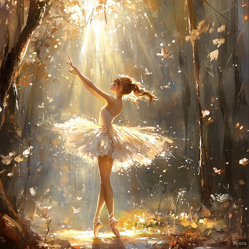 A ballerina dances in a forest clearing, surrounded by lush foliage and sunlight filtering through the trees.