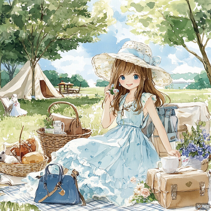 A serene outdoor setting featuring Breezy Belle in a light blue dress and wide-brimmed hat, surrounded by nature and enjoying an open book.