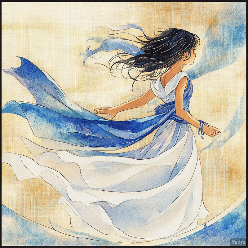 A woman in a white dress dances or twirls against a yellow background with blue brushstrokes.