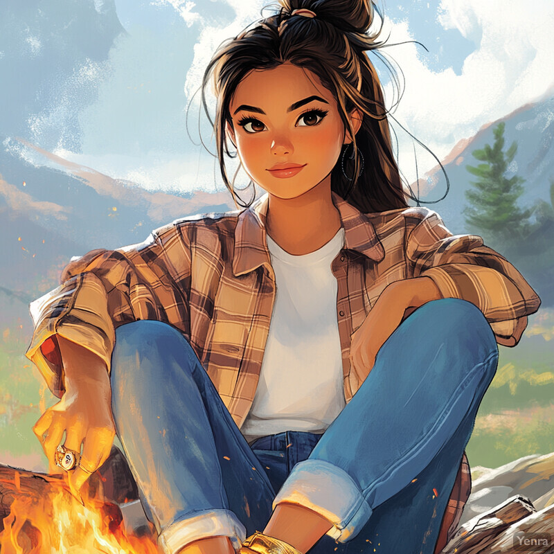 A young woman sits by a campfire in an outdoor setting, surrounded by trees, hills, and mountains.