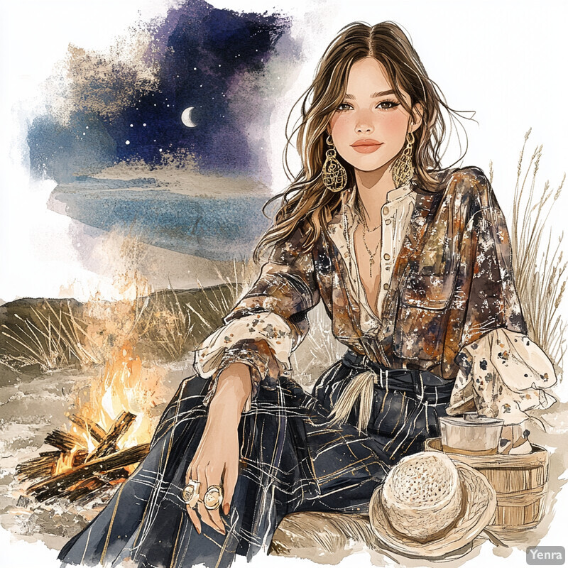 Illustrated woman sitting by a campfire