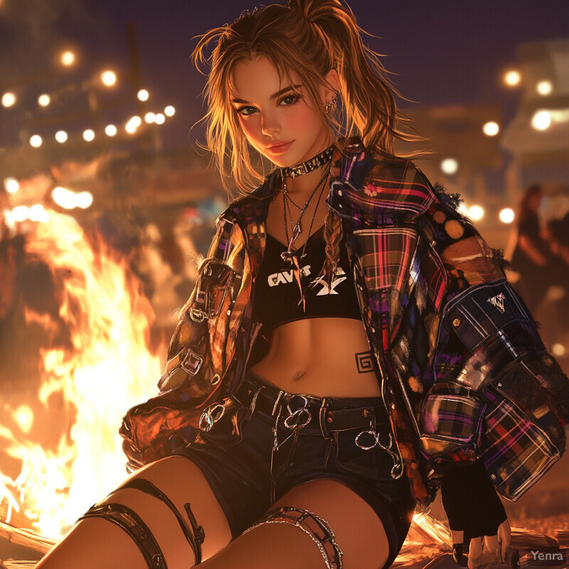 A young woman sits near an outdoor campfire, dressed in casual attire for a camping trip or festival