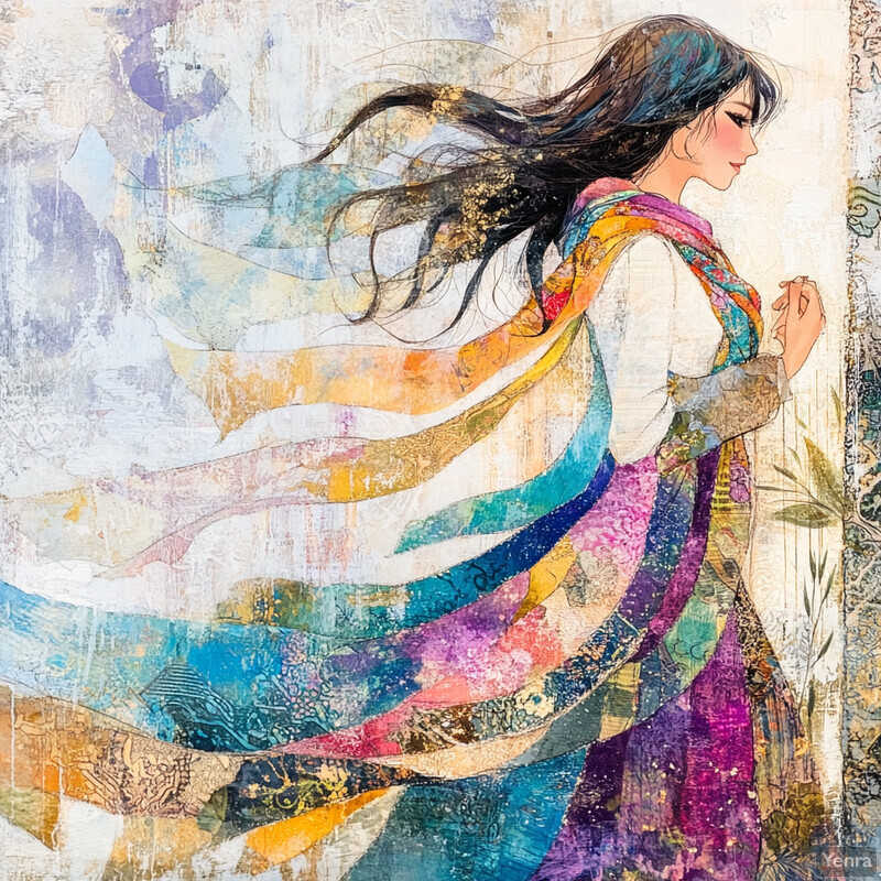 A carefree bohemian woman with long dark hair blowing in the wind, wearing a flowing white dress with colorful patches of fabric draped around her shoulders and waist.