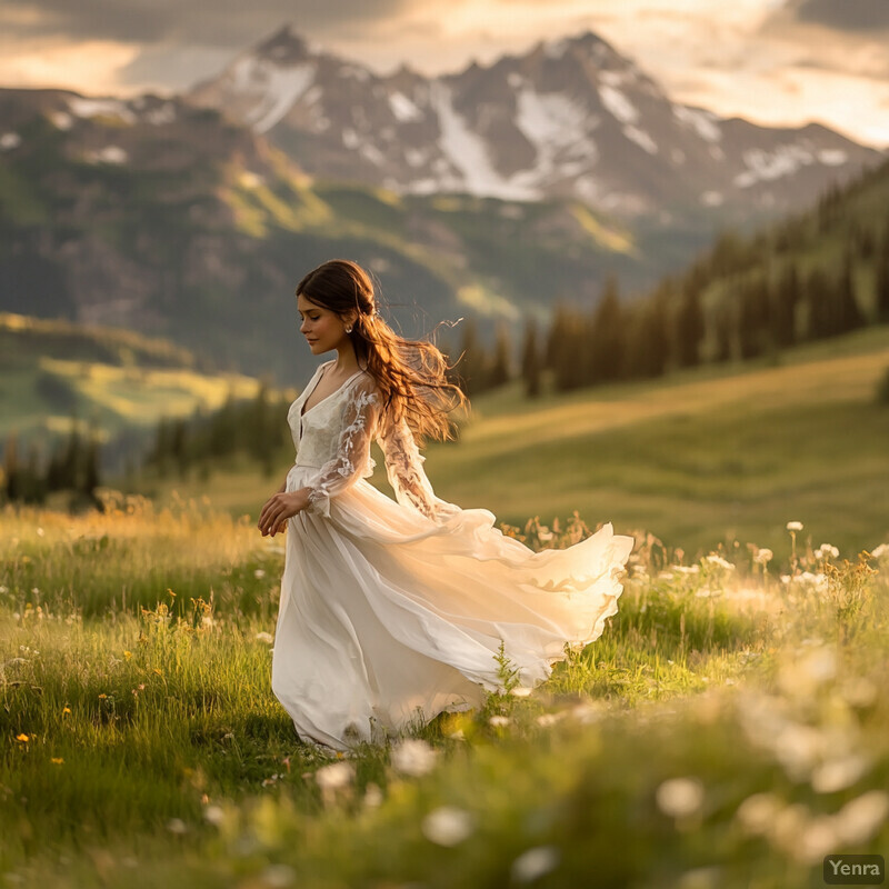 A woman in a white dress stands amidst a field of wildflowers with a mountain range in the background.