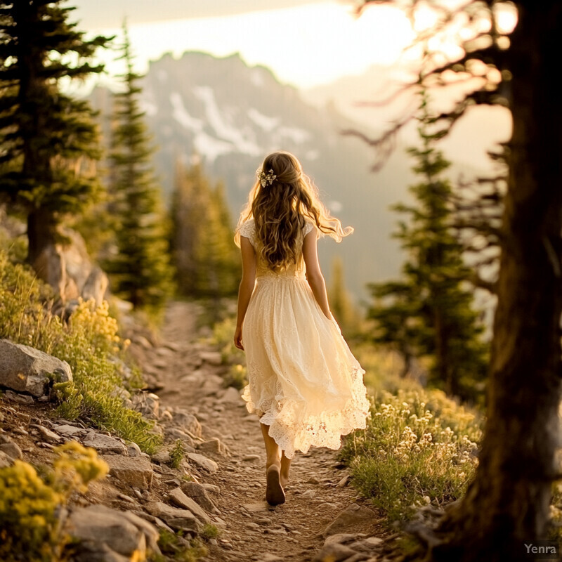 A serene scene of a woman walking in the woods