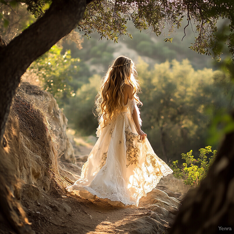 A woman in a white dress walks on a dirt path surrounded by trees.