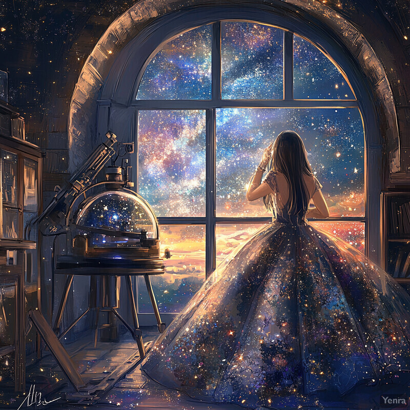 A woman in a galaxy-print ball gown gazes out at a starry sky through an arched window