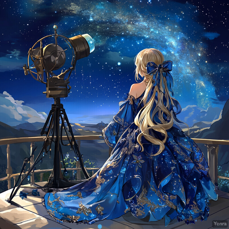 Anime-style woman with long blonde hair and blue dress gazing up at night sky through a telescope on a balcony overlooking mountains.