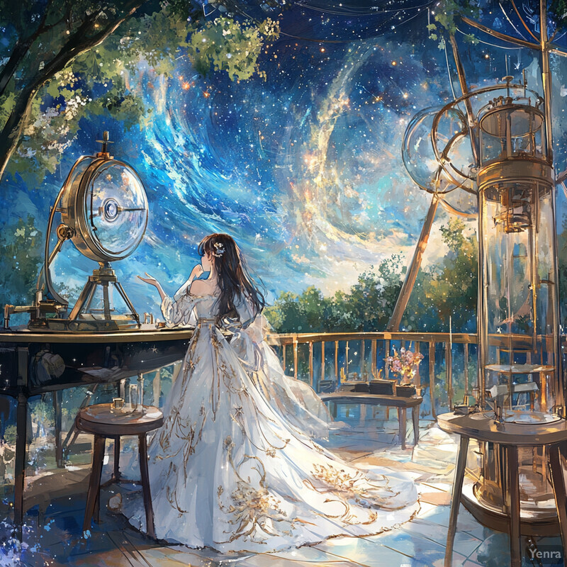 A woman stands on a balcony or deck, surrounded by telescopes, clocks, books, and cabinets filled with scientific instruments, gazing out at the starry night sky.