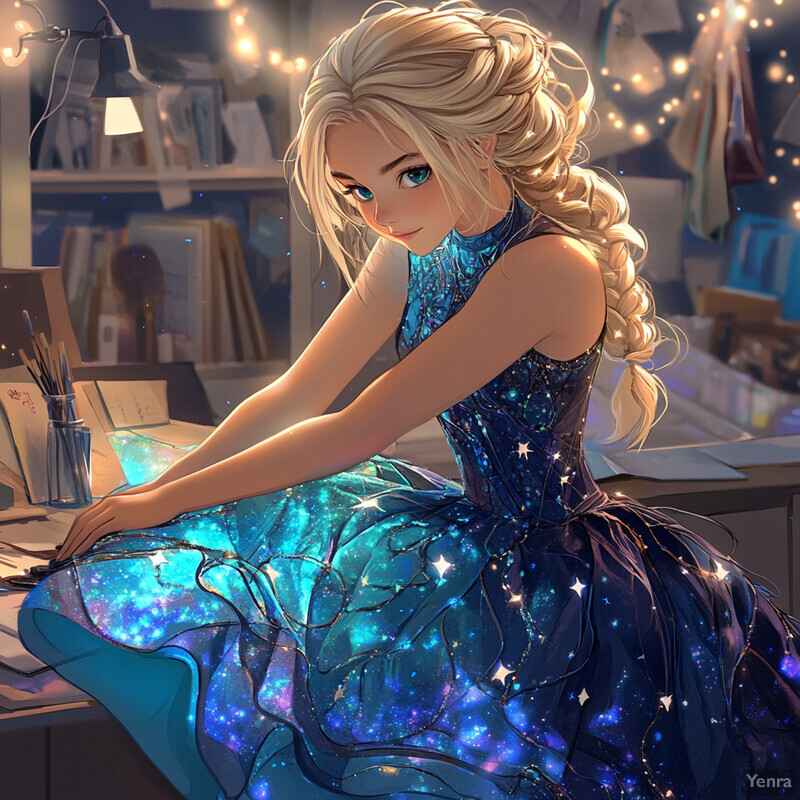 A young woman in a celestial-themed dress sits at a desk, surrounded by art supplies and fairy lights