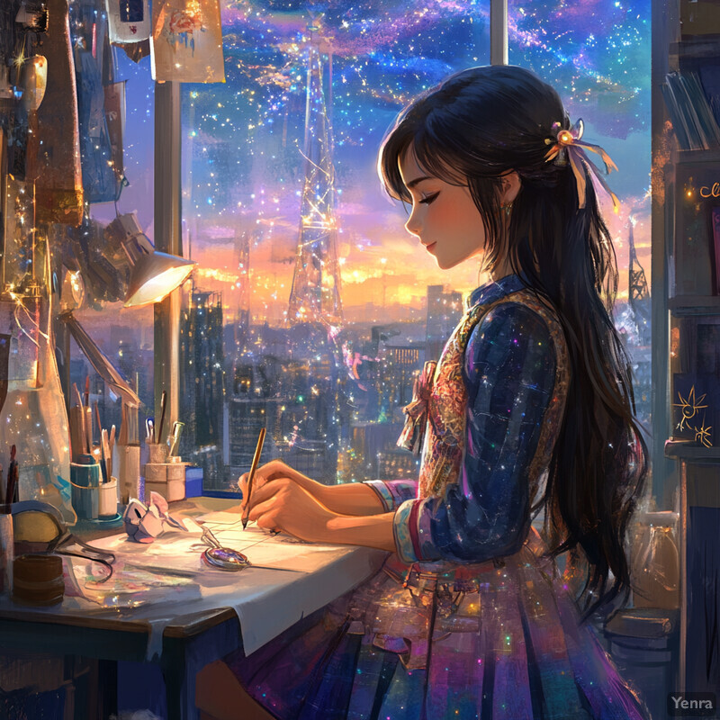 A young girl sits at a desk, drawing in front of a window overlooking a city skyline at sunset.