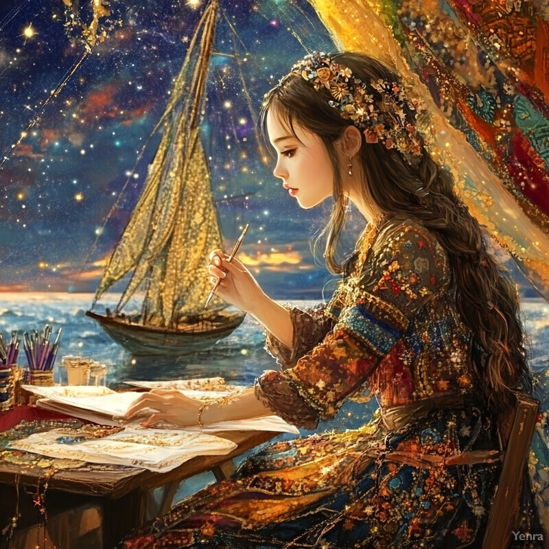 A woman sits at a desk by the sea, surrounded by art supplies and books, exuding creativity and tranquility.