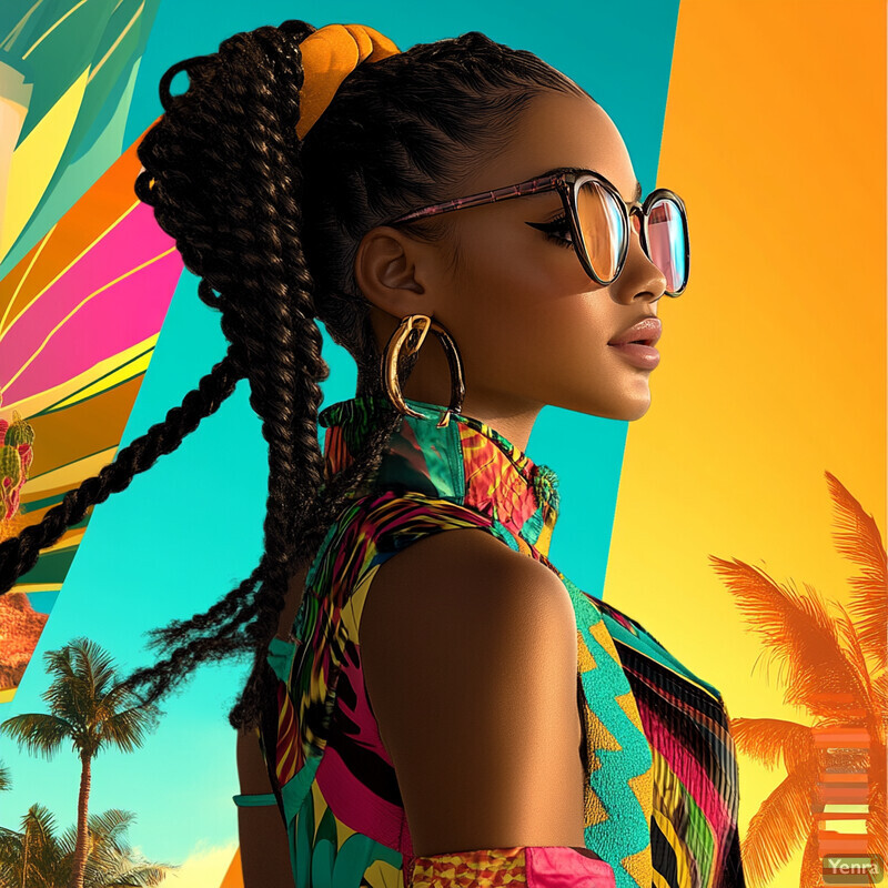 A woman with dark skin and long black hair styled in two braids, wearing oversized sunglasses and a colorful outfit, set against a divided background of teal, yellow, and orange.