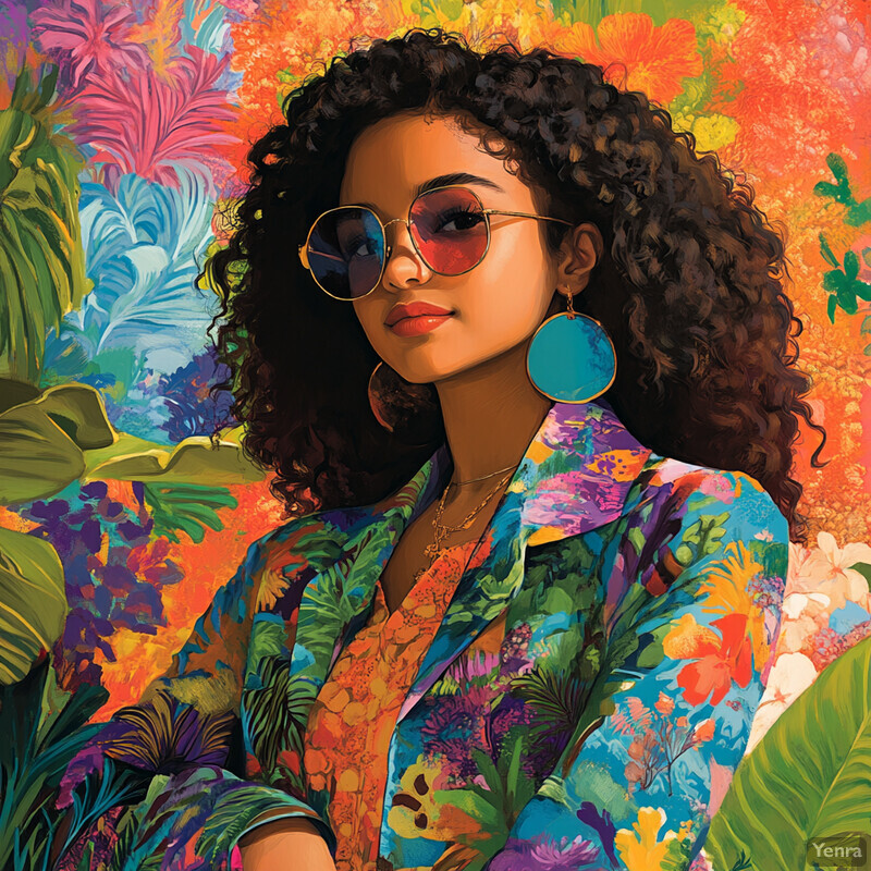 A young woman with dark skin and long curly hair wearing glasses and a floral patterned shirt looks directly at the camera with a serious expression